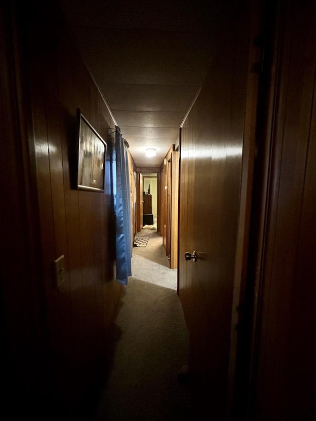 corridor with wood walls and light carpet