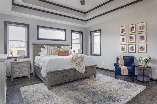 bedroom featuring ceiling fan, ornamental molding, dark hardwood / wood-style flooring, and a tray ceiling