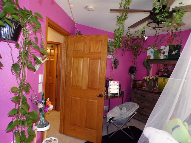 bedroom with lofted ceiling and carpet floors