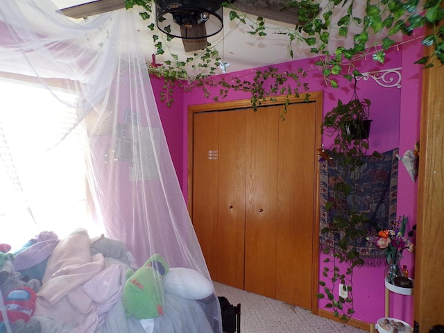 bedroom featuring a closet, ceiling fan, and carpet floors