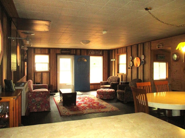 living room featuring wooden walls