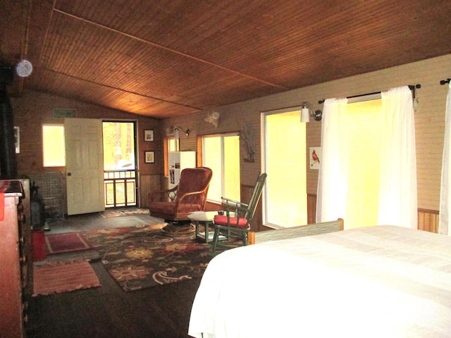 bedroom with wood ceiling and vaulted ceiling