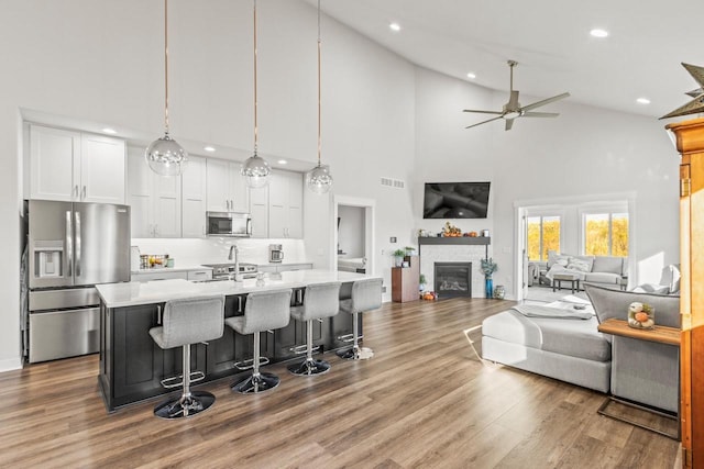 6558 Vista Vly Unit 1, Windsor, WI 53598 - kitchen with stainless steel appliances, an island with sink, white cabinetry, open floor plan, and light countertops