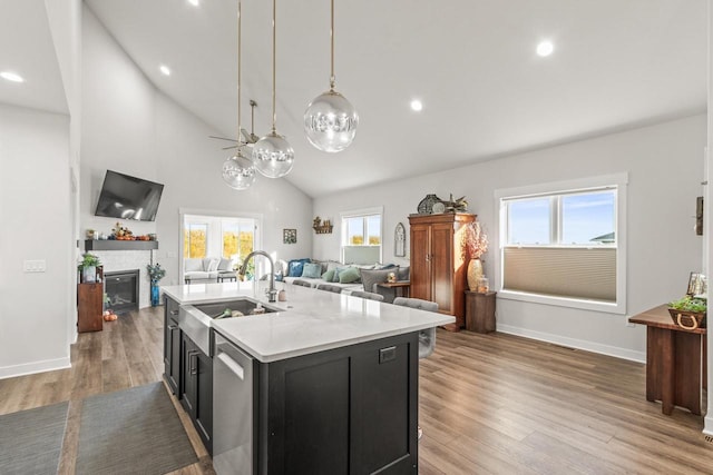 kitchen with a wealth of natural light, sink, a kitchen island with sink, and wood-type flooring