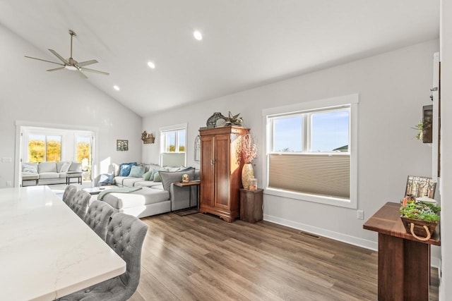 6558 Vista Vly Unit 1, Windsor, WI 53598 - bedroom with high vaulted ceiling, recessed lighting, wood finished floors, baseboards, and a ceiling fan