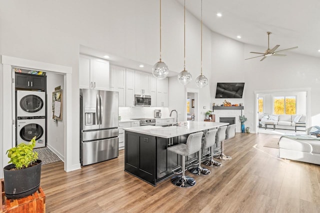 6558 Vista Vly Unit 1, Windsor, WI 53598 - kitchen with stainless steel appliances, stacked washing machine and dryer, high vaulted ceiling, open floor plan, and light countertops