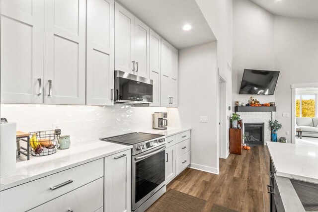 6558 Vista Vly Unit 1, Windsor, WI 53598 - kitchen featuring appliances with stainless steel finishes, dark wood-style floors, a glass covered fireplace, white cabinetry, and decorative backsplash