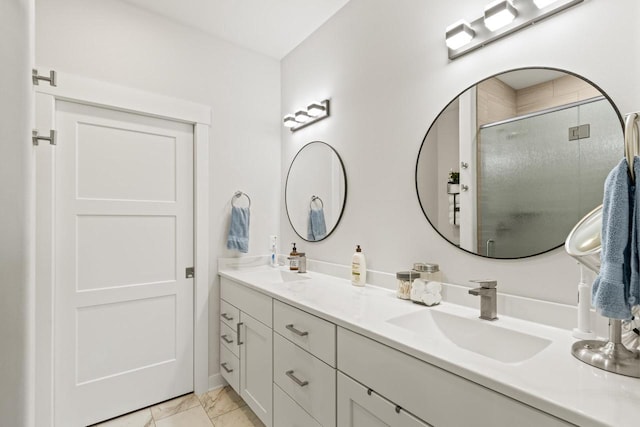 6556 Vista Vly Unit 2, Windsor, WI 53598 - bathroom featuring double vanity, marble finish floors, and a shower stall