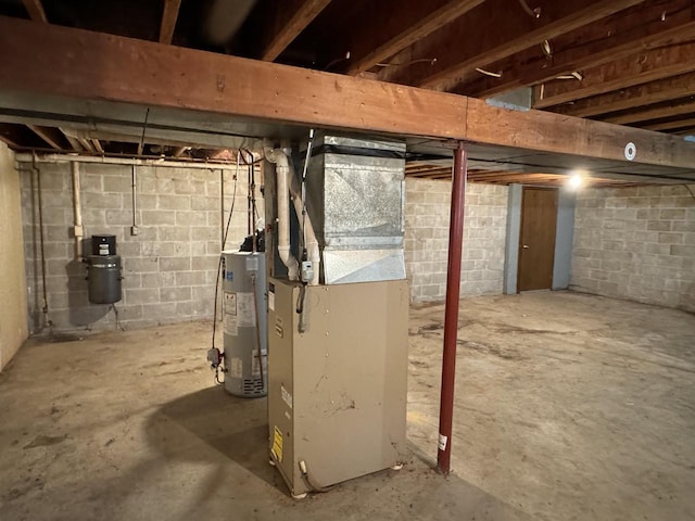 basement with heating unit and water heater