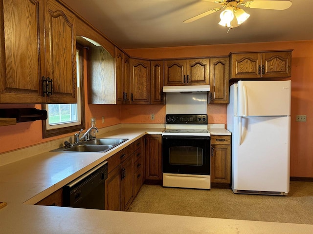 kitchen with sink, white appliances, and ceiling fan