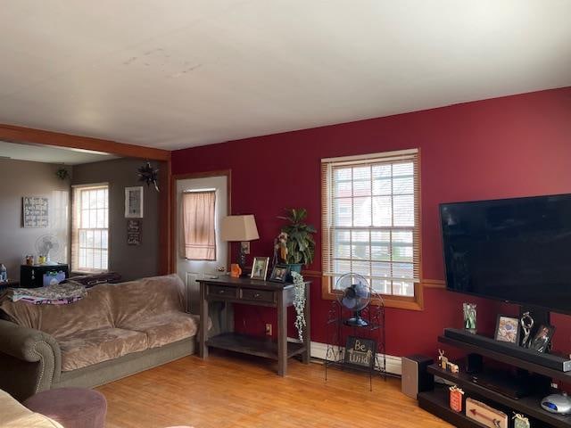 living room featuring plenty of natural light and light hardwood / wood-style floors