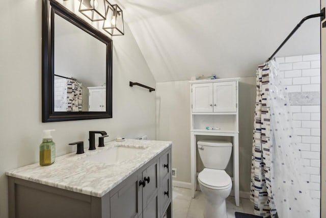 bathroom with vanity, lofted ceiling, a shower with curtain, and toilet