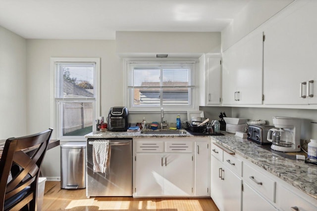 kitchen with white cabinetry, stainless steel dishwasher, sink, and a wealth of natural light