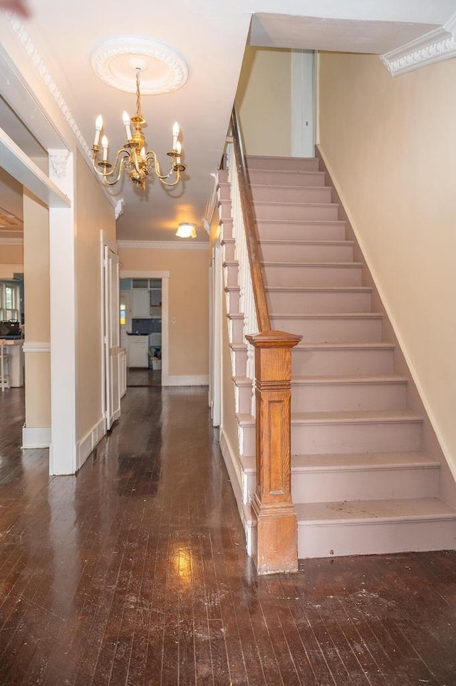 staircase with ornamental molding and hardwood / wood-style flooring