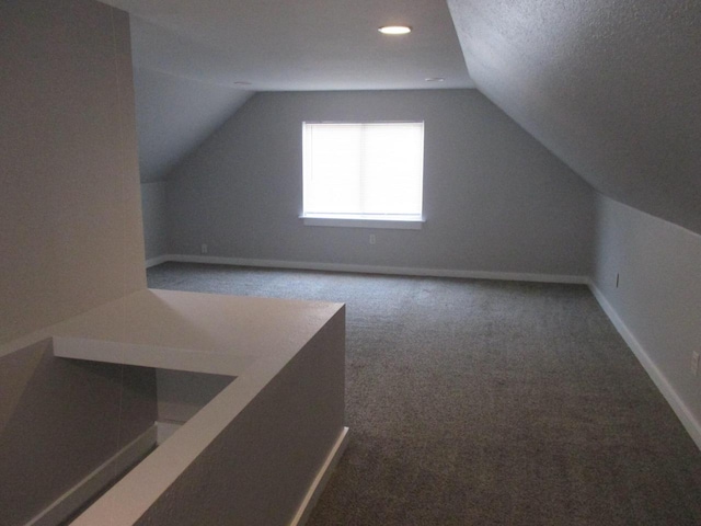 additional living space with a textured ceiling, carpet, and vaulted ceiling