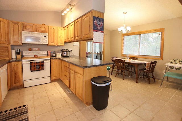 kitchen featuring kitchen peninsula, light tile patterned floors, hanging light fixtures, white appliances, and lofted ceiling