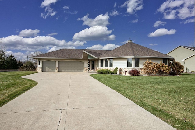 ranch-style home with a front lawn and a garage