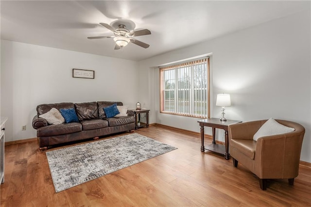 living room with ceiling fan and light hardwood / wood-style flooring