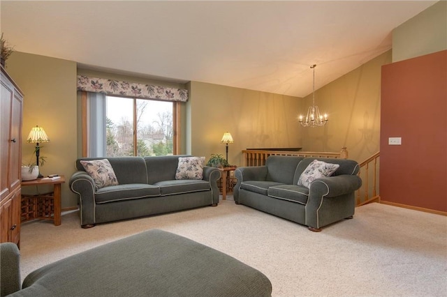 carpeted living room featuring lofted ceiling and an inviting chandelier