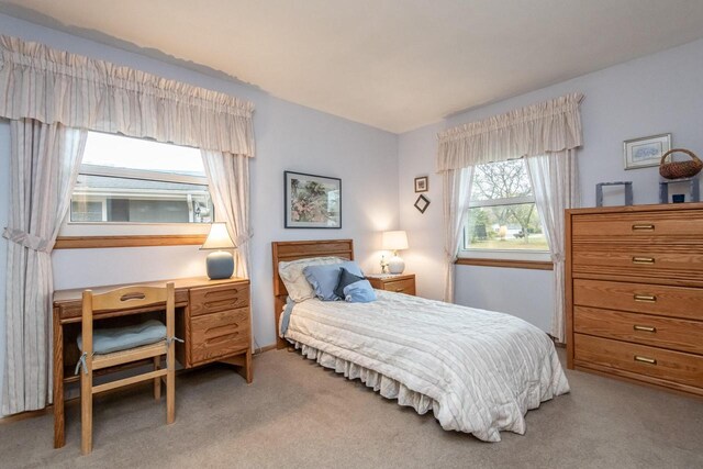 bedroom featuring light colored carpet