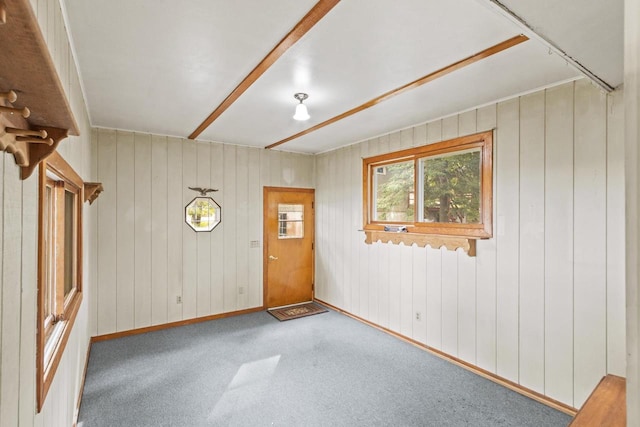 empty room with wooden walls and carpet flooring