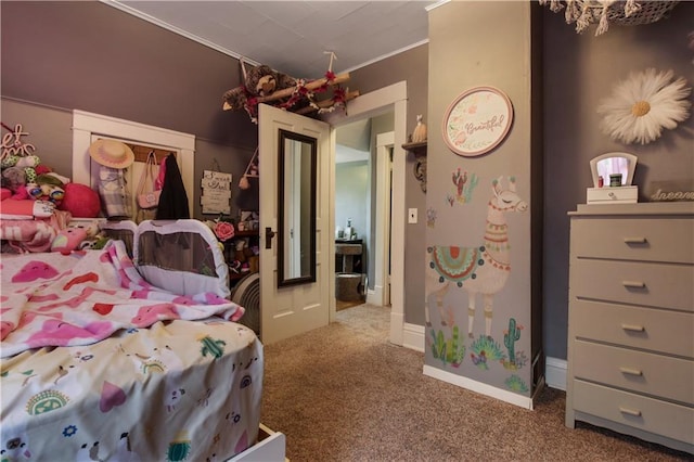 carpeted bedroom featuring ornamental molding