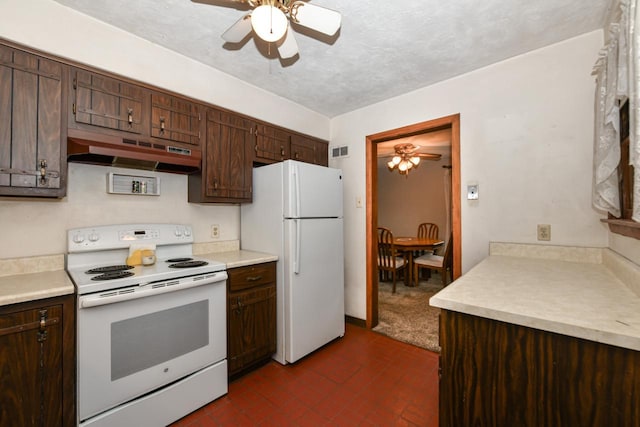 kitchen with white appliances, ceiling fan, a textured ceiling, and dark brown cabinets