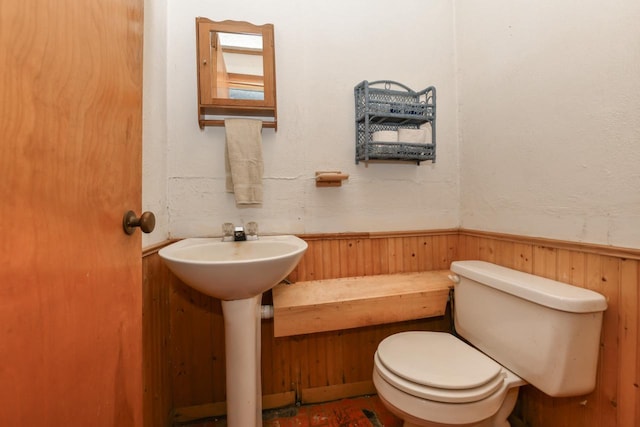 bathroom with toilet and wooden walls