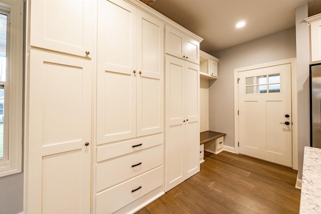 mudroom with plenty of natural light and dark wood-type flooring