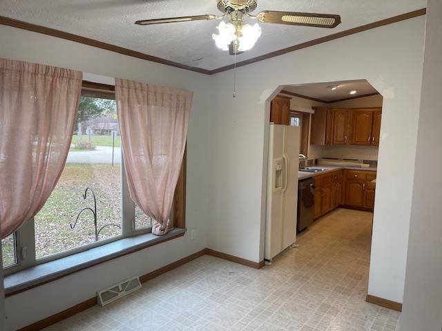 kitchen featuring dishwasher, ornamental molding, a healthy amount of sunlight, and ceiling fan