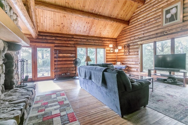 living room featuring high vaulted ceiling, plenty of natural light, hardwood / wood-style floors, and wooden ceiling