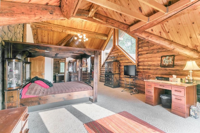 carpeted bedroom with wooden ceiling and lofted ceiling with beams