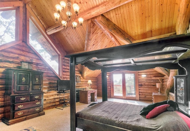 bedroom with rustic walls, wood ceiling, an inviting chandelier, and lofted ceiling with beams