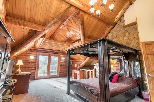 bedroom with vaulted ceiling with beams, light carpet, and wood ceiling