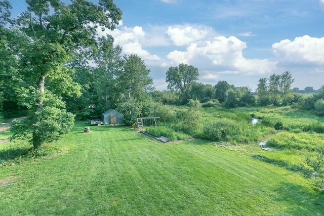 view of yard featuring a storage unit