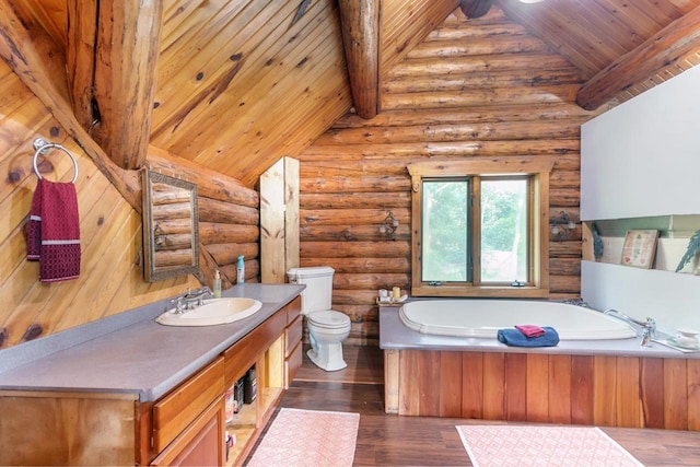 bathroom featuring hardwood / wood-style flooring, rustic walls, wood ceiling, vaulted ceiling with beams, and toilet