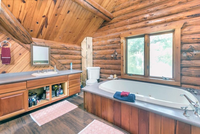 bathroom featuring rustic walls, a tub to relax in, vaulted ceiling with beams, and wood-type flooring