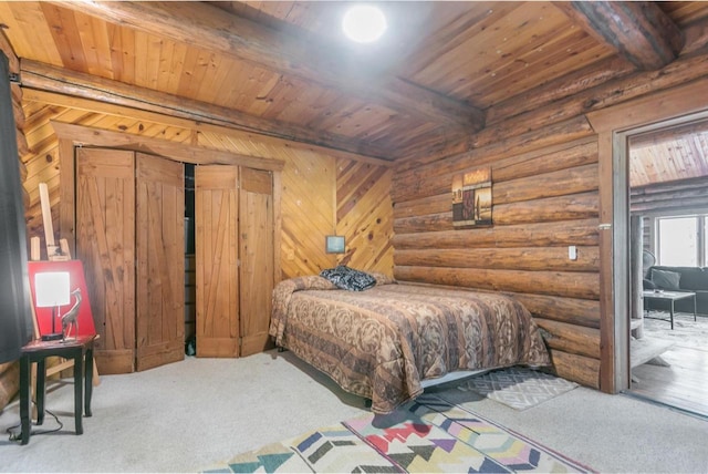 carpeted bedroom with wood ceiling, log walls, and beam ceiling