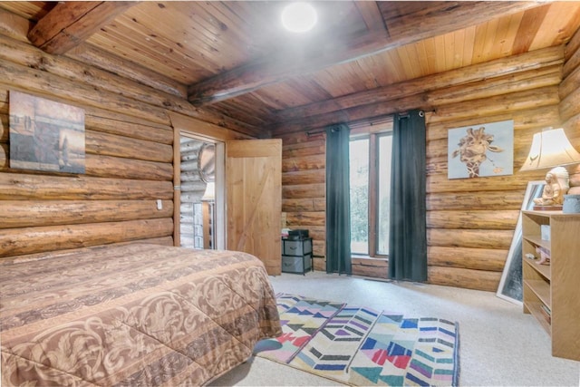 bedroom featuring rustic walls, carpet floors, beamed ceiling, and wood ceiling