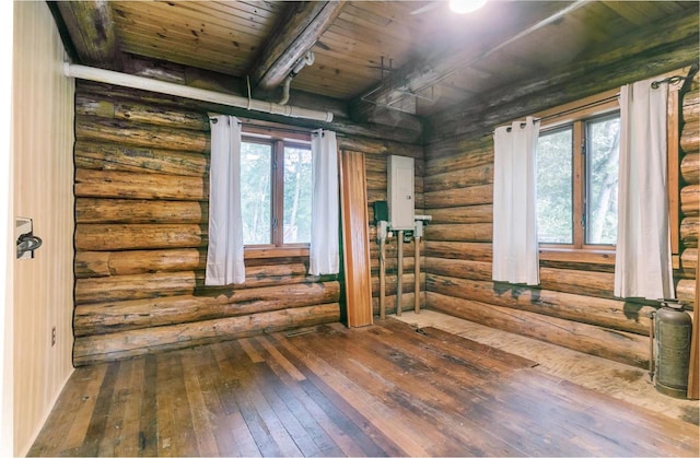 misc room featuring wood-type flooring, a healthy amount of sunlight, wood ceiling, and rustic walls