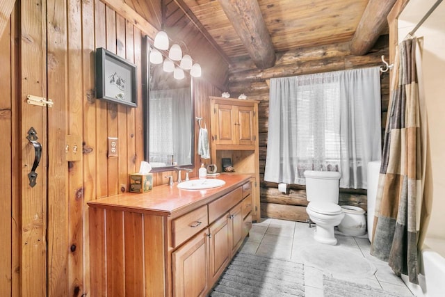 full bathroom featuring toilet, vanity, wood ceiling, and a healthy amount of sunlight