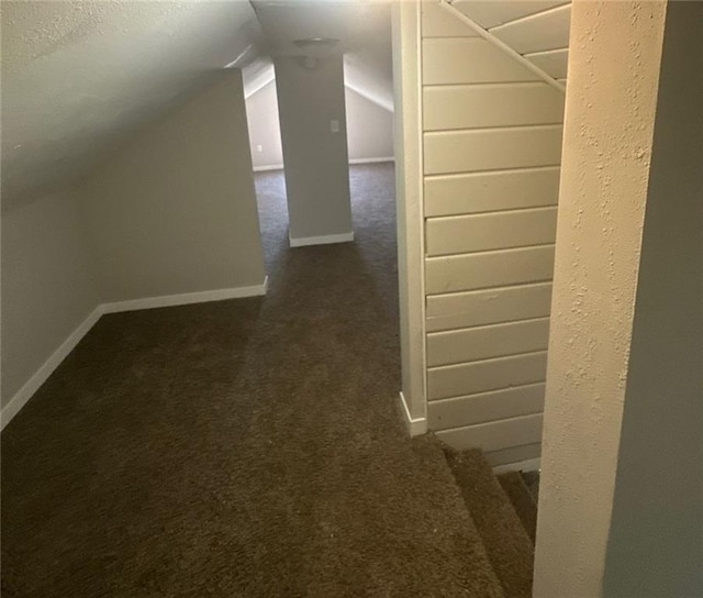 additional living space with lofted ceiling, a textured ceiling, and dark carpet