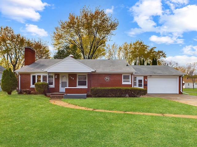 ranch-style house with a garage and a front yard