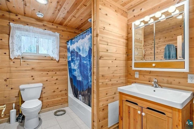 full bathroom featuring tile patterned floors, wooden walls, wood ceiling, toilet, and shower / tub combo with curtain