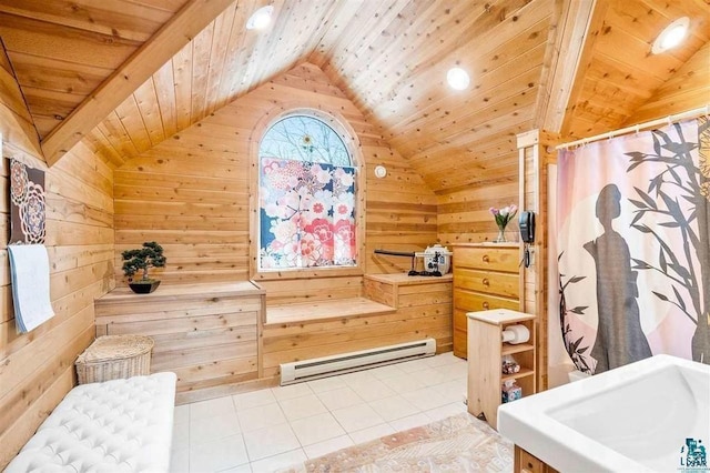 bathroom with wood walls, wooden ceiling, a baseboard heating unit, tile patterned floors, and lofted ceiling with beams