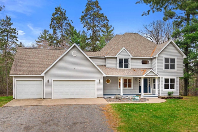 view of front of house with a front yard, covered porch, and a garage