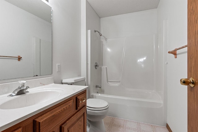 full bathroom featuring vanity, toilet, a textured ceiling, and bathtub / shower combination