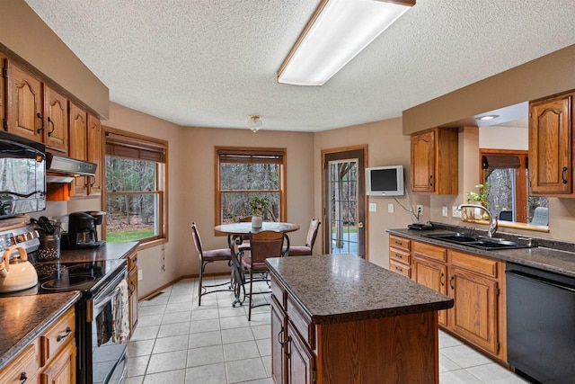 kitchen featuring ventilation hood, a kitchen island, black dishwasher, sink, and stainless steel electric stove