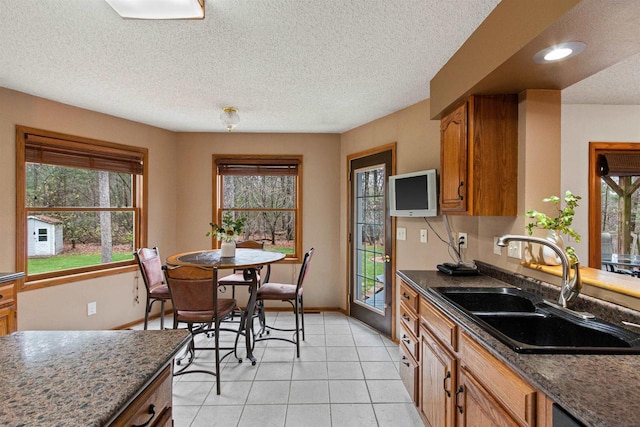 kitchen with a wealth of natural light, sink, and dark stone countertops