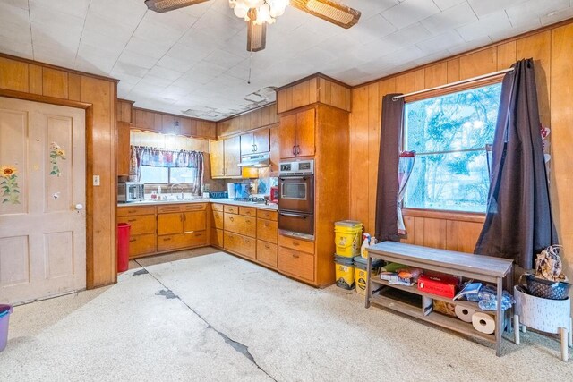 kitchen with appliances with stainless steel finishes, wood walls, light colored carpet, and a wealth of natural light